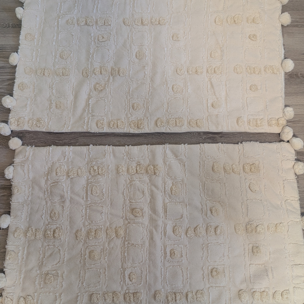 Anthropologie King size Pillow Shams Cream Textured with Pom Poms